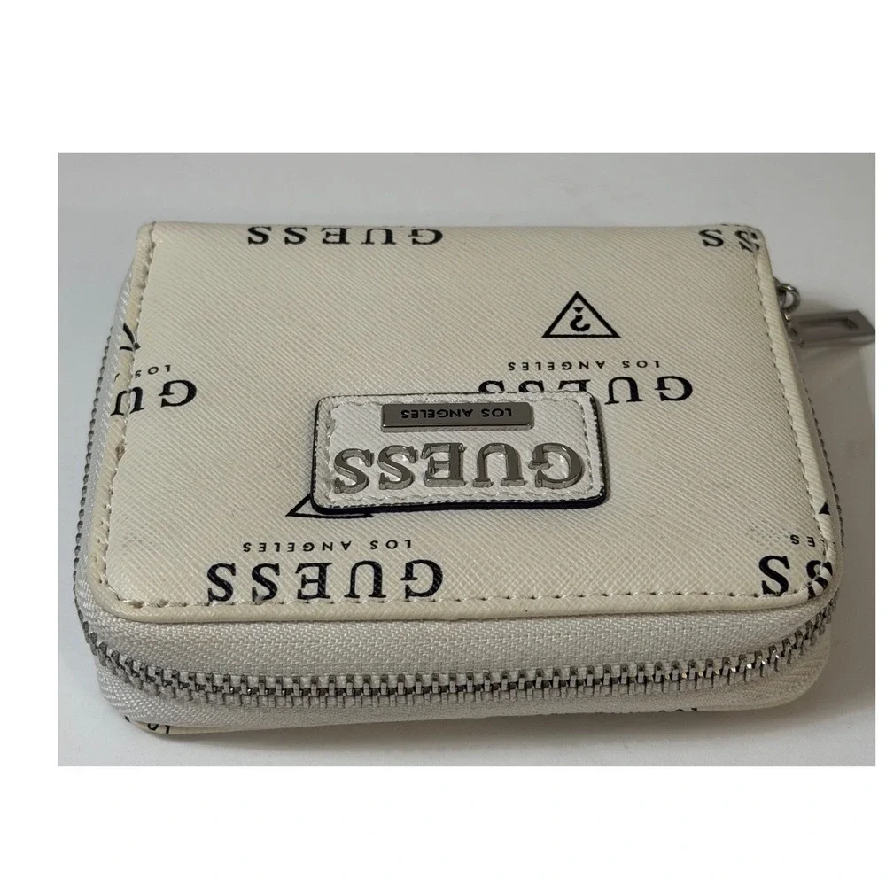 Guess Los Angeles Zip‎ Around Wallet White Logo Print Saffiano Faux Leather - Picture 6 of 11